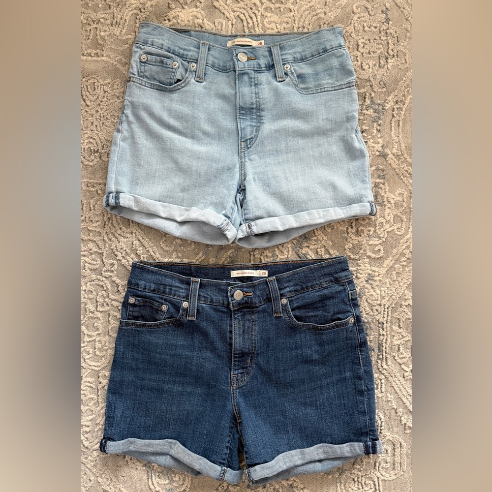 Light Wash Denim Rolled Hem Shorts & Dark Wash Mid Rise Jeans - Blue Duo